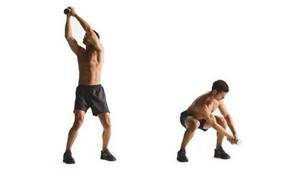 Lumberjack exercise on a block, with a kettlebell and a dumbbell ...